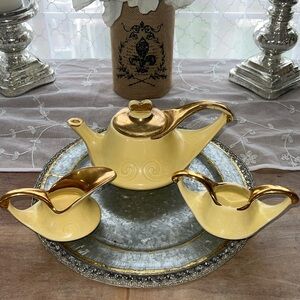 Vintage MCM Pearl China Co Yellow 22k Gold Accents Teapot Creamer Sugar Set